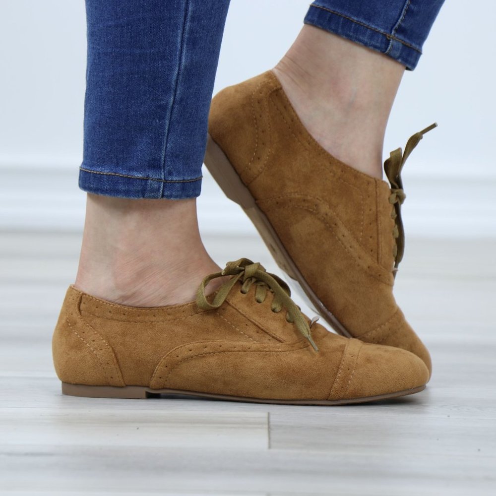 Tan Faux Suede Lace up Flat Heel Oxford Style Shoes - Picture 3 of 12